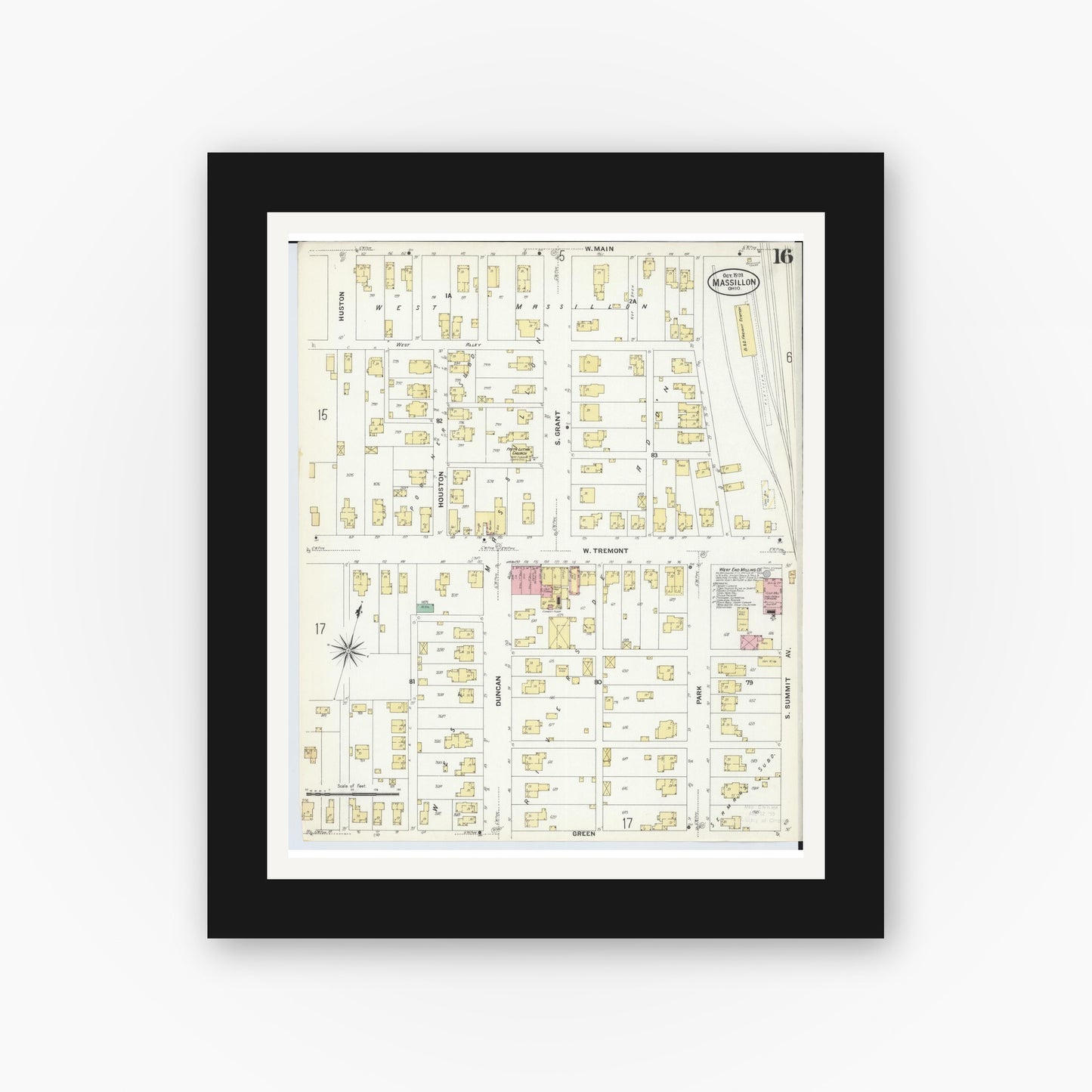 Old map wall art mockup — black gallery frame with white mat — Sanborn Fire Insurance Map from Massillon, Stark County, Ohio (1908), Sheet #0016