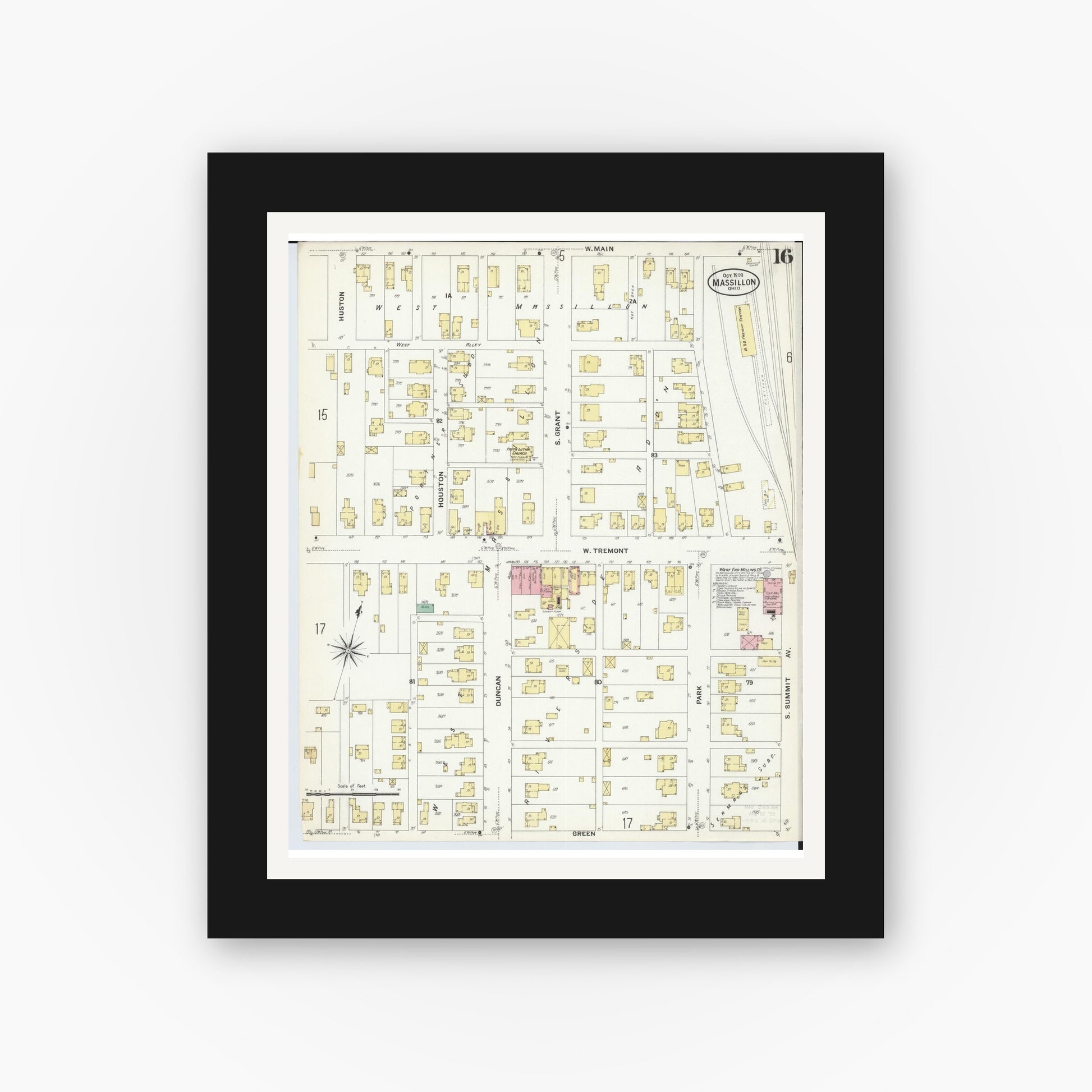 Old map wall art mockup — black gallery frame with white mat — Sanborn Fire Insurance Map from Massillon, Stark County, Ohio (1908), Sheet #0016