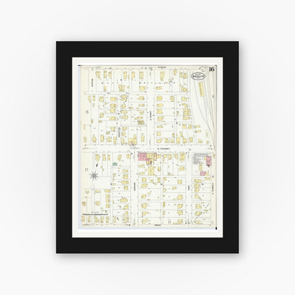 Old map wall art mockup — black gallery frame with white mat — Sanborn Fire Insurance Map from Massillon, Stark County, Ohio (1908), Sheet #0016
