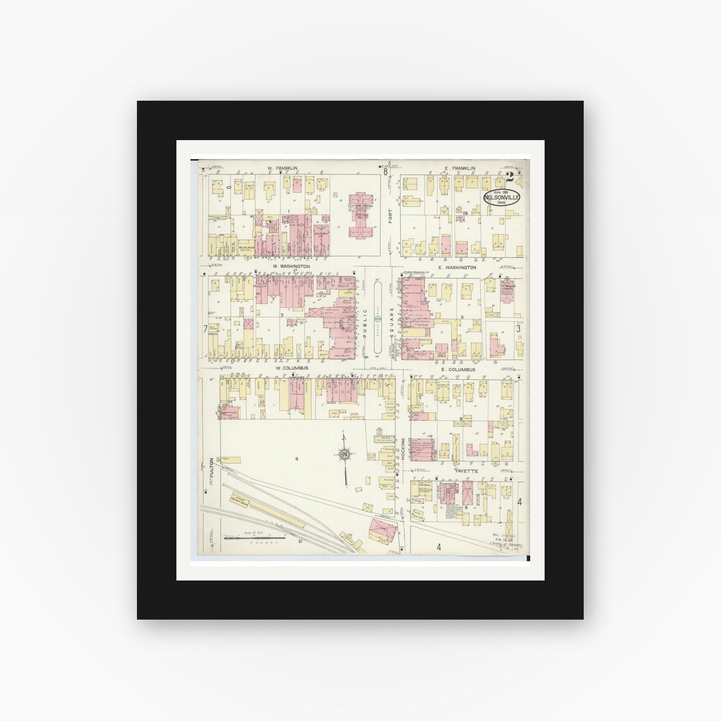 Old map wall art mockup — black gallery frame with white mat — Sanborn Fire Insurance Map from Nelsonville, Athens County, Ohio (1914), Sheet #0002