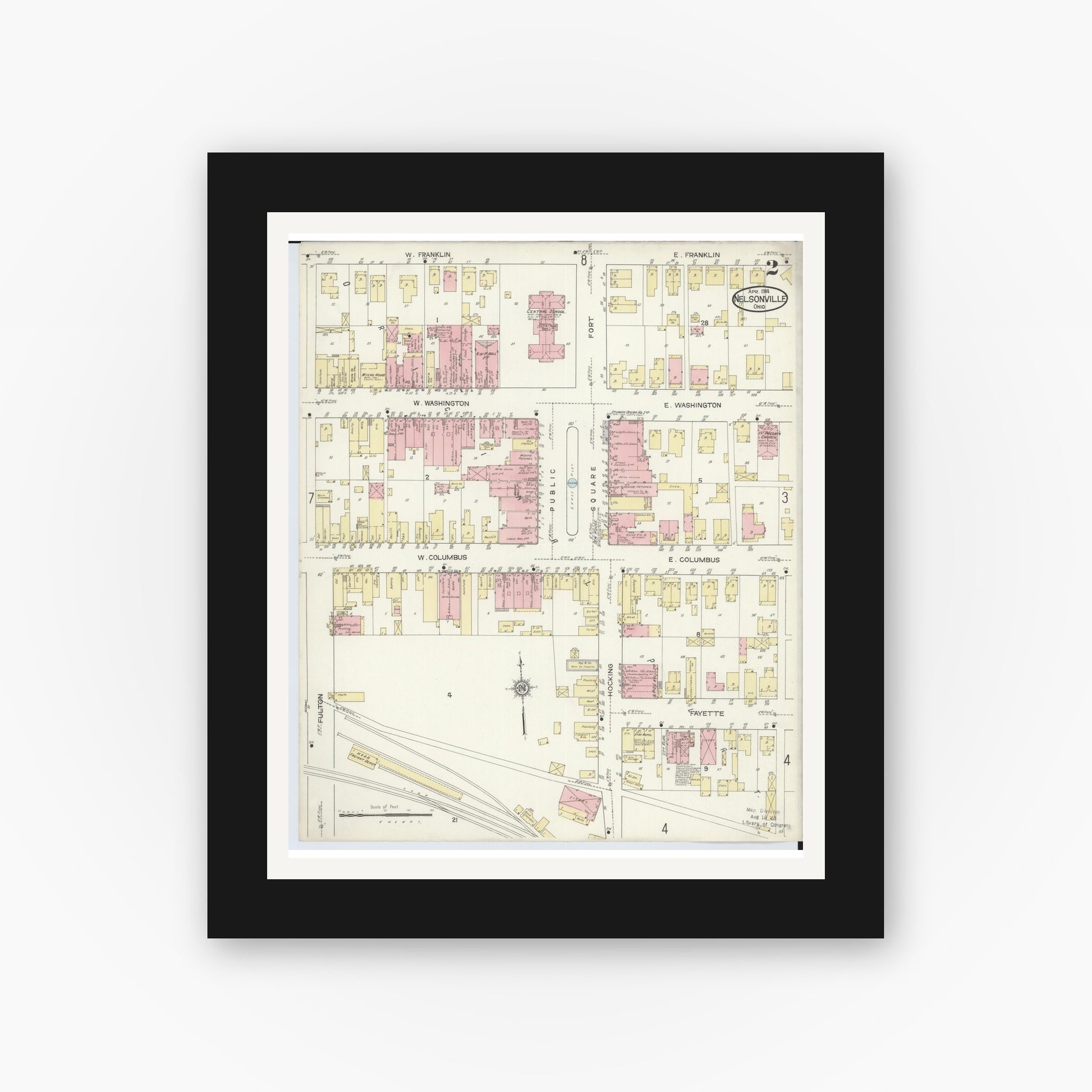 Old map wall art mockup — black gallery frame with white mat — Sanborn Fire Insurance Map from Nelsonville, Athens County, Ohio (1914), Sheet #0002