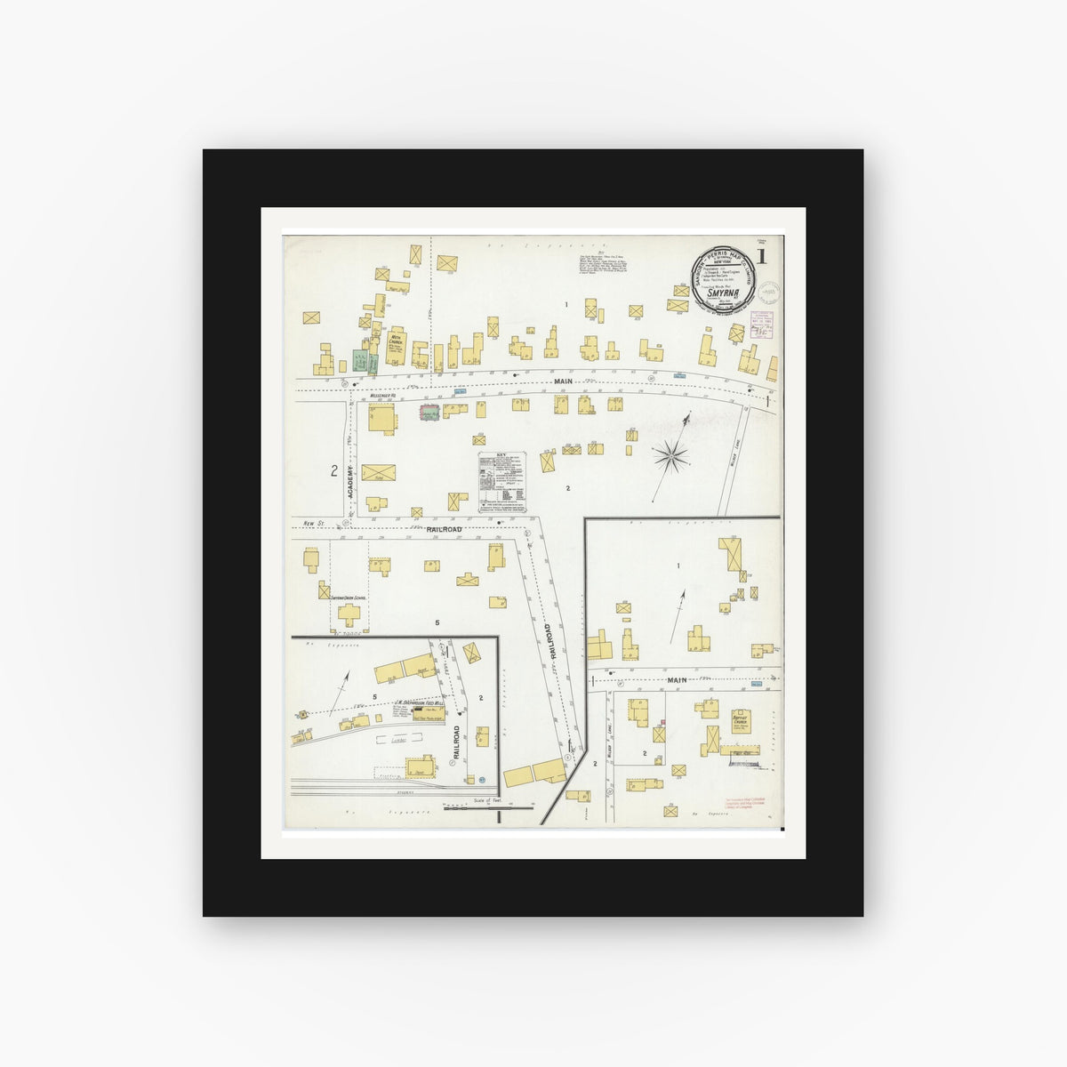 Old map wall art mockup — black gallery frame with white mat — Sanborn Fire Insurance Map from Smyrna, Chenango County, New York (1901), Sheet #0001