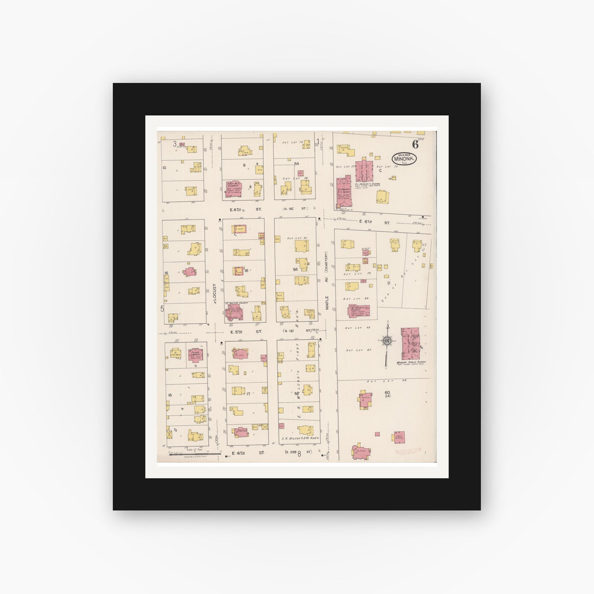 Old map wall art mockup — black gallery frame with white mat — Sanborn Fire Insurance Map from Minonk, Woodford County, Illinois (1922), Sheet #0006