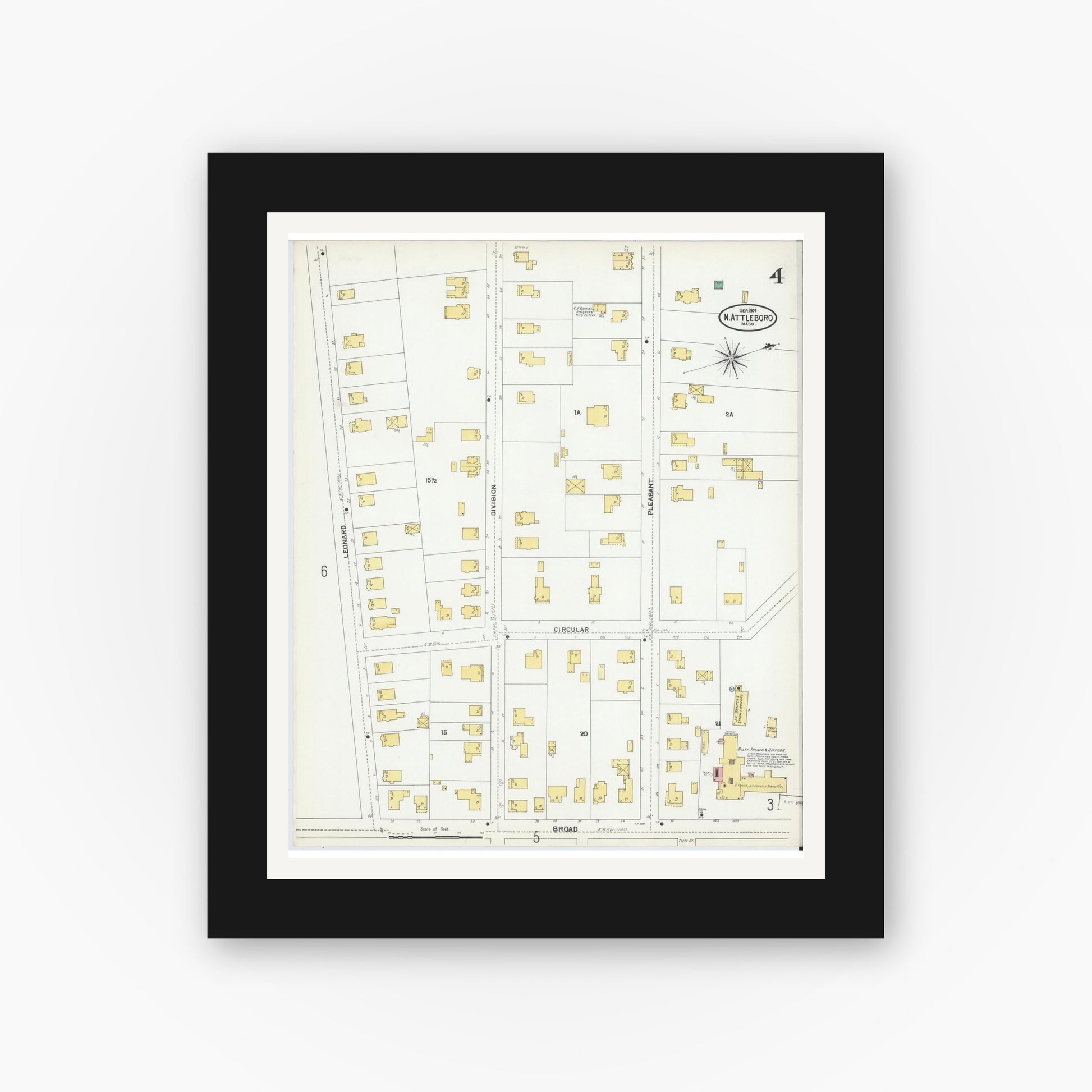 Old map wall art mockup — black gallery frame with white mat — Sanborn Fire Insurance Map from North Attleborough, Bristol County, Massachusetts (1904), Sheet #0004