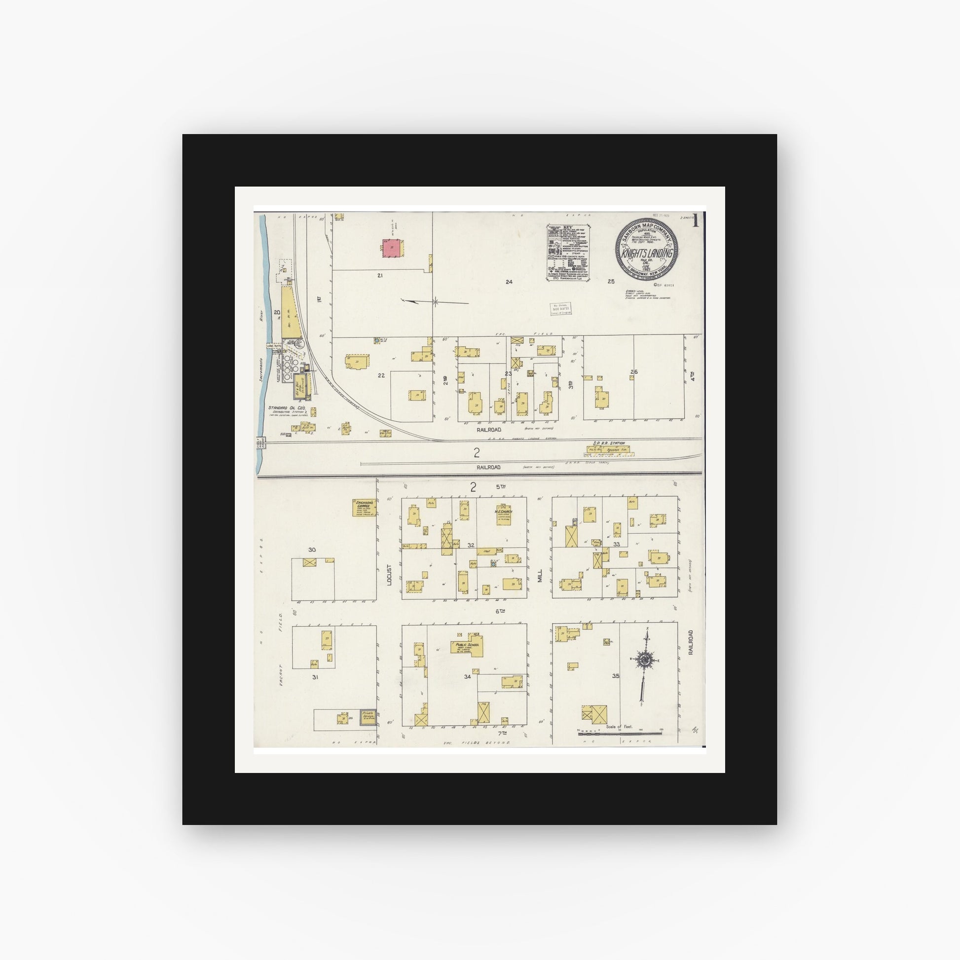 Old map wall art mockup — black gallery frame with white mat — Sanborn Fire Insurance Map from Knights Landing, Yolo County, California (1921), Sheet #0001