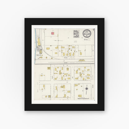 Old map wall art mockup — black gallery frame with white mat — Sanborn Fire Insurance Map from Knights Landing, Yolo County, California (1921), Sheet #0001
