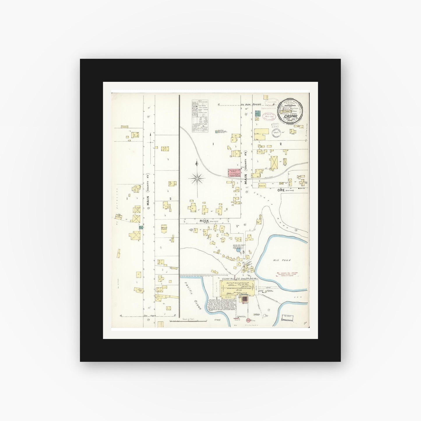 Old map wall art mockup — black gallery frame with white mat — Sanborn Fire Insurance Map from Caspar, Mendocino County, California (1898), Sheet #0001