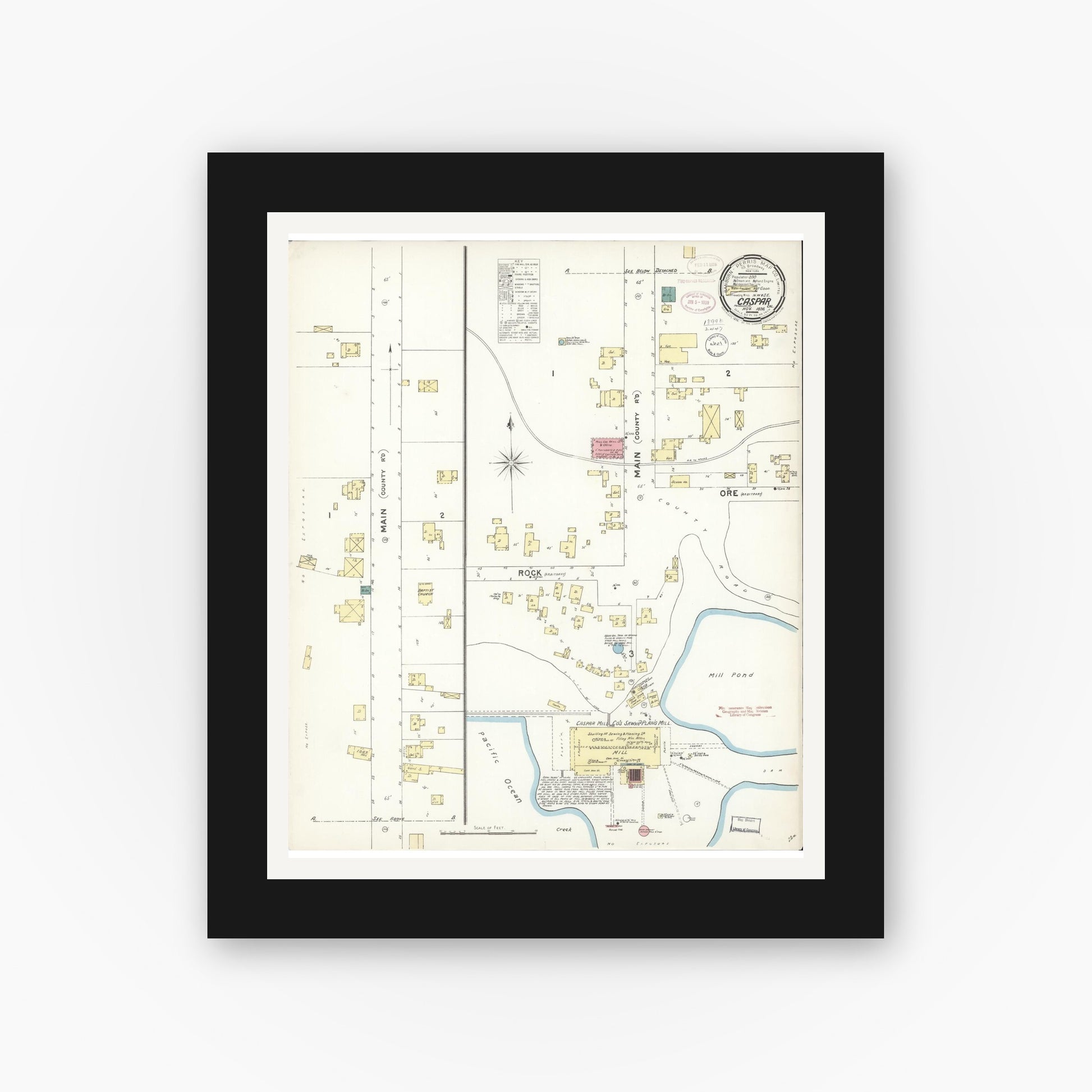 Old map wall art mockup — black gallery frame with white mat — Sanborn Fire Insurance Map from Caspar, Mendocino County, California (1898), Sheet #0001