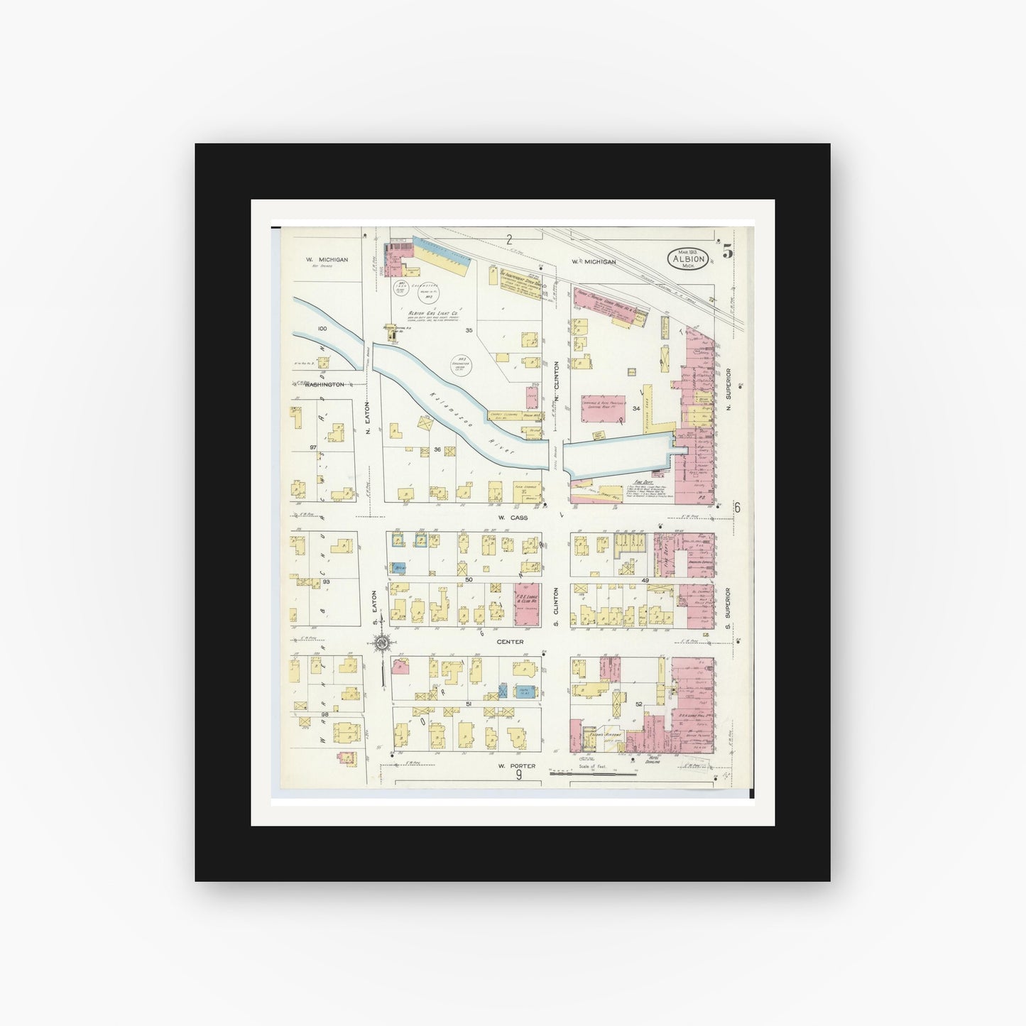 Old map wall art mockup — black gallery frame with white mat — Sanborn Fire Insurance Map from Albion, Calhoun County, Michigan (1913), Sheet #0005