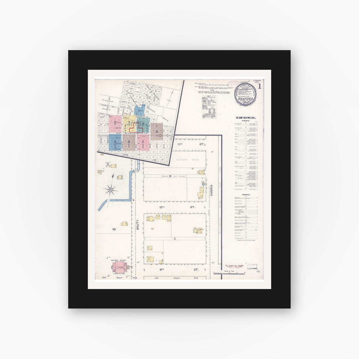 Old map wall art mockup — black gallery frame with white mat — Sanborn Fire Insurance Map from Hanford, Kings County, California (1892) - Complete Map Set