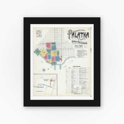 Old map wall art mockup — black gallery frame with white mat — Sanborn Fire Insurance Map from Palatka, Putnam County, Florida (1903) - Complete Map Set