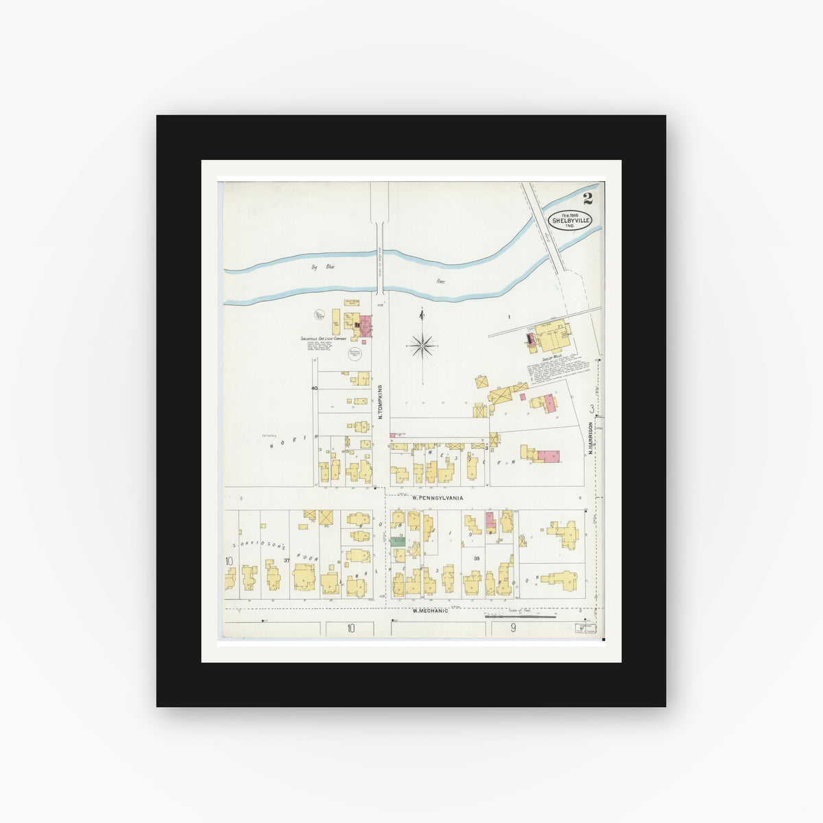 Old map wall art mockup — black gallery frame with white mat — Sanborn Fire Insurance Map from Shelbyville, Shelby County, Indiana (1905), Sheet #0002