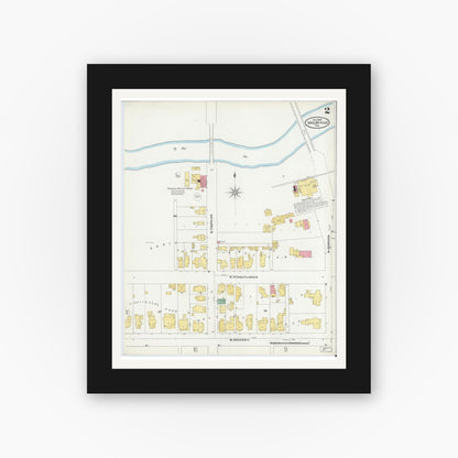 Old map wall art mockup — black gallery frame with white mat — Sanborn Fire Insurance Map from Shelbyville, Shelby County, Indiana (1905), Sheet #0002