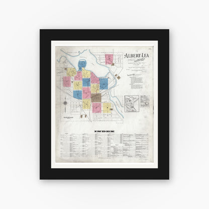 Old map wall art mockup — black gallery frame with white mat — Sanborn Fire Insurance Map from Albert Lea, Freeborn County, Minnesota (1926) - Complete Map Set