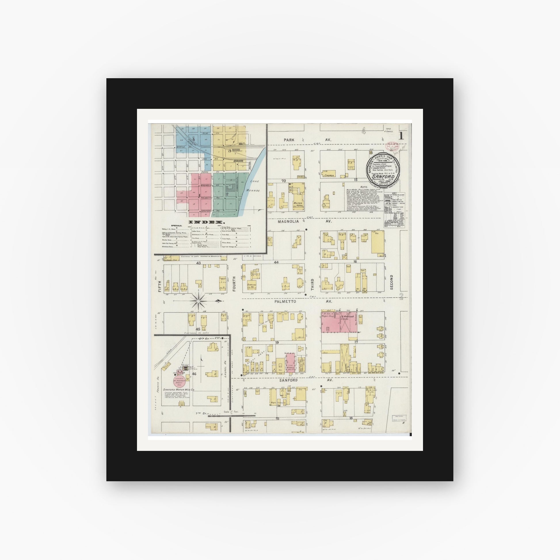 Old map wall art mockup — black gallery frame with white mat — Sanborn Fire Insurance Map from Sanford, Seminole County, Florida (1895) - Complete Map Set