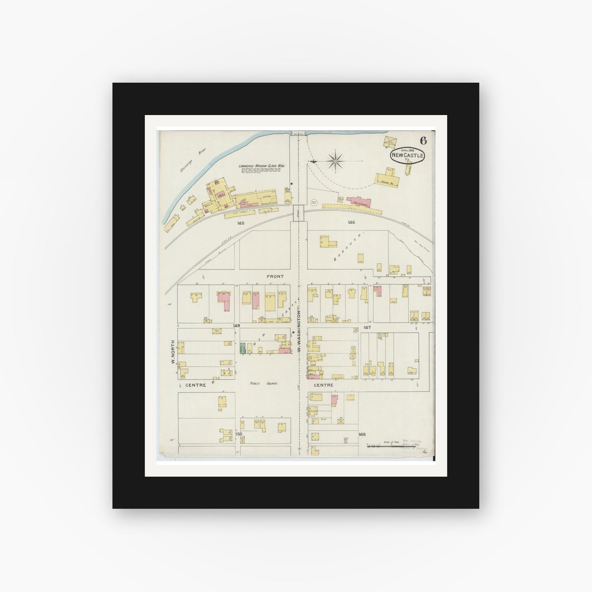 Old map wall art mockup — black gallery frame with white mat — Sanborn Fire Insurance Map from New Castle, Lawrence County, Pennsylvania (1894), Sheet #0006