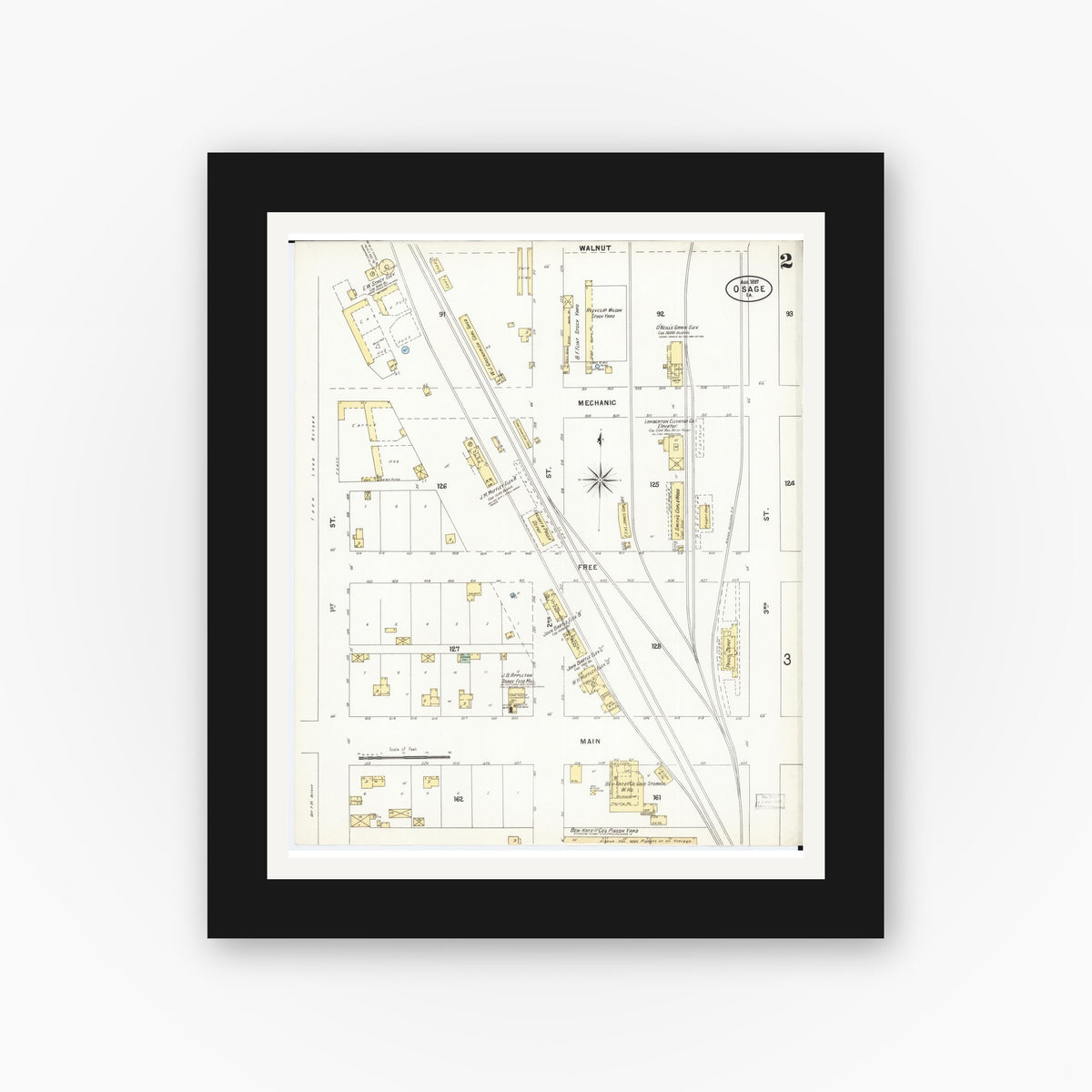 Old map wall art mockup — black gallery frame with white mat — Sanborn Fire Insurance Map from Osage, Mitchell County, Iowa (1897), Sheet #0002