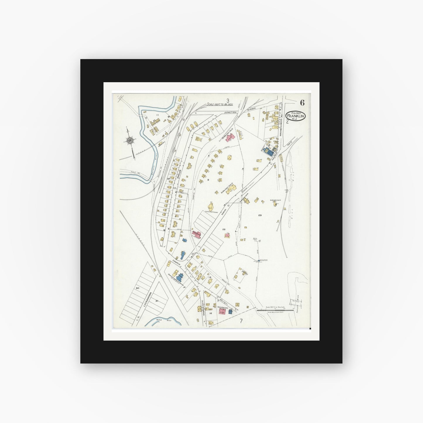 Old map wall art mockup — black gallery frame with white mat — Sanborn Fire Insurance Map from Franklin, Sussex County, New Jersey (1920), Sheet #0006