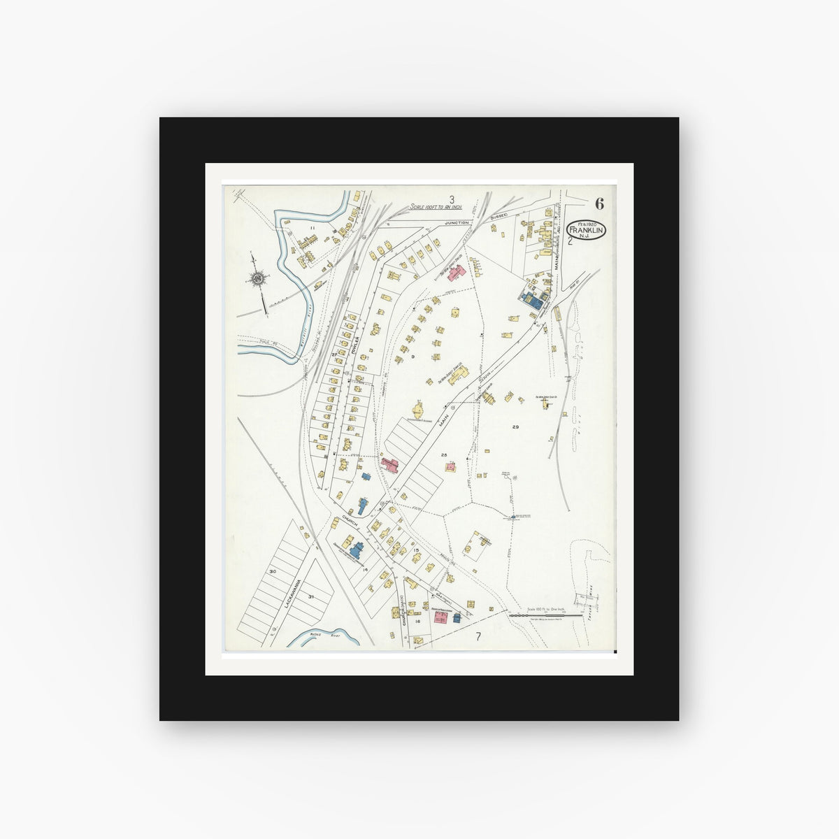 Old map wall art mockup — black gallery frame with white mat — Sanborn Fire Insurance Map from Franklin, Sussex County, New Jersey (1920), Sheet #0006