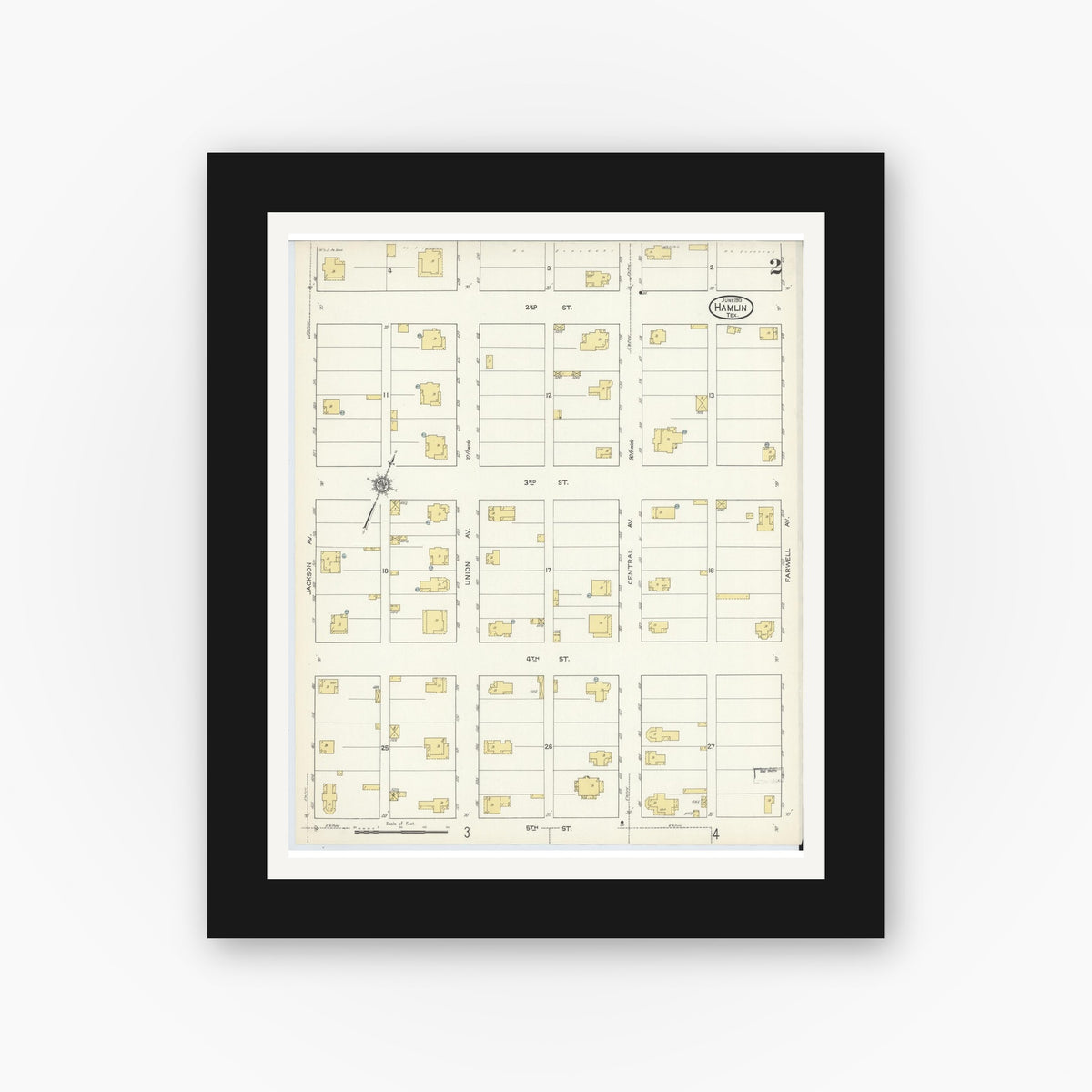 Old map wall art mockup — black gallery frame with white mat — Sanborn Fire Insurance Map from Hamlin, Jones County, Texas (1913), Sheet #0002