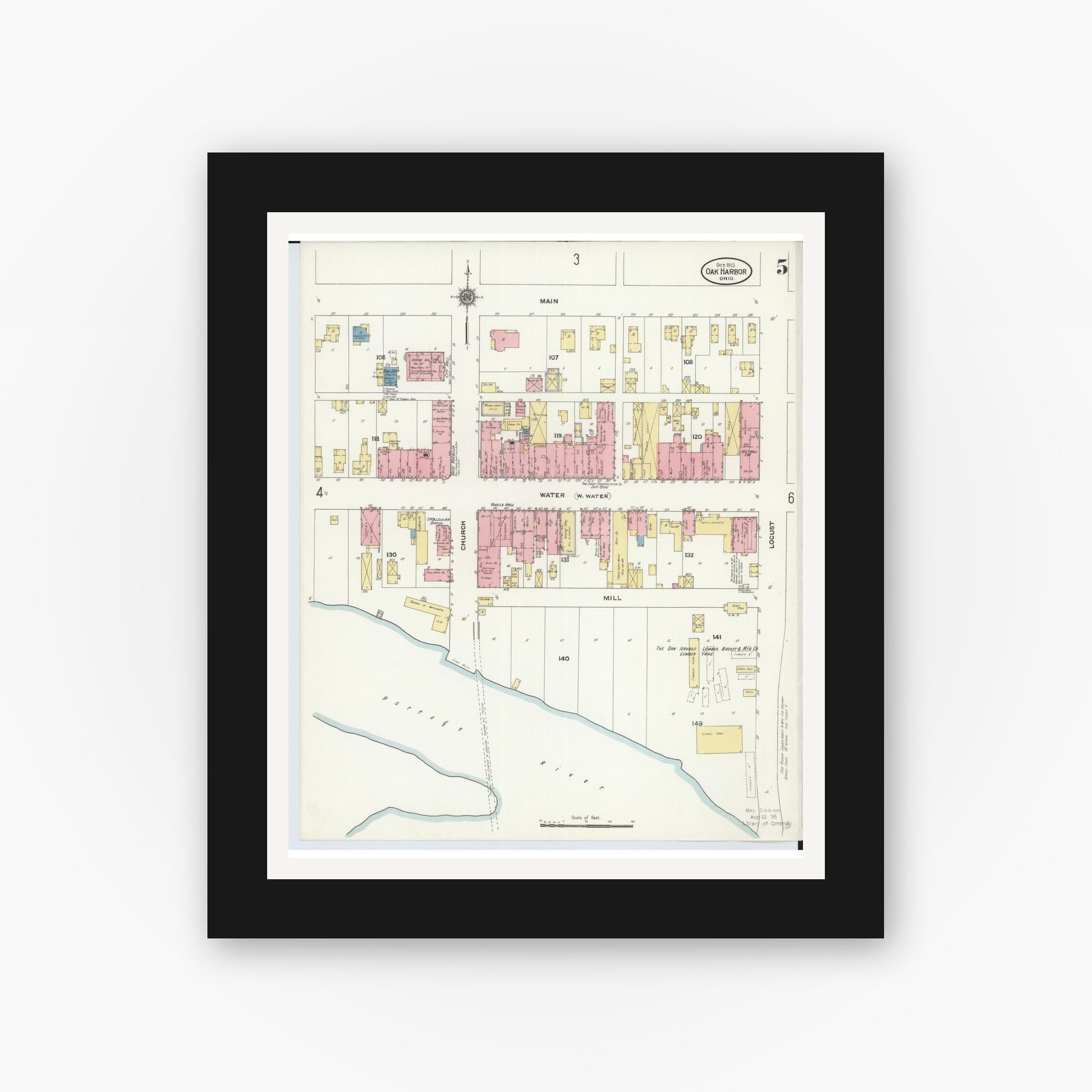 Old map wall art mockup — black gallery frame with white mat — Sanborn Fire Insurance Map from Oak Harbor, Ottawa County, Ohio (1910), Sheet #0005