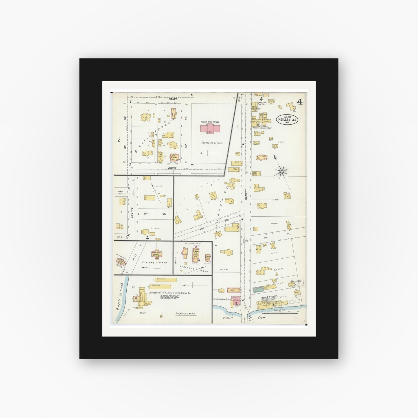 Old map wall art mockup — black gallery frame with white mat — Sanborn Fire Insurance Map from Neillsville, Clark County, Wisconsin (1903), Sheet #0004
