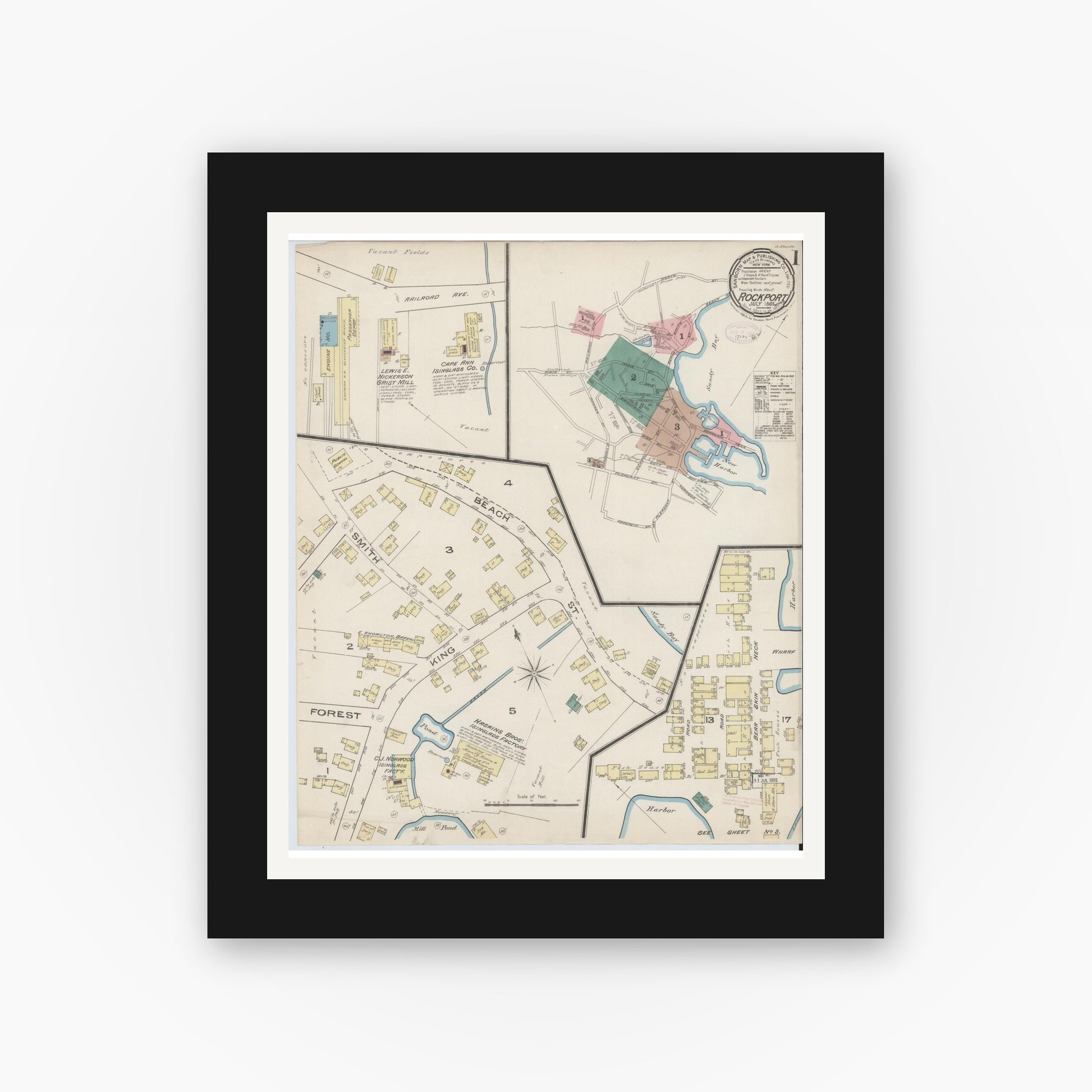 Old map wall art mockup — black gallery frame with white mat — Sanborn Fire Insurance Map from Rockport, Essex County, Massachusetts (1885) - Complete Map Set
