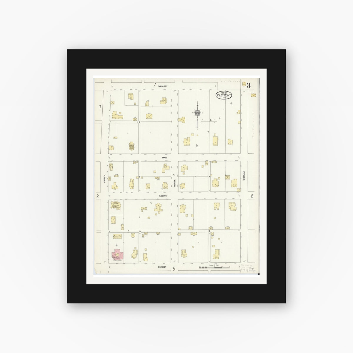 Old map wall art mockup — black gallery frame with white mat — Sanborn Fire Insurance Map from Pilot Point, Denton County, Texas (1912), Sheet #0003