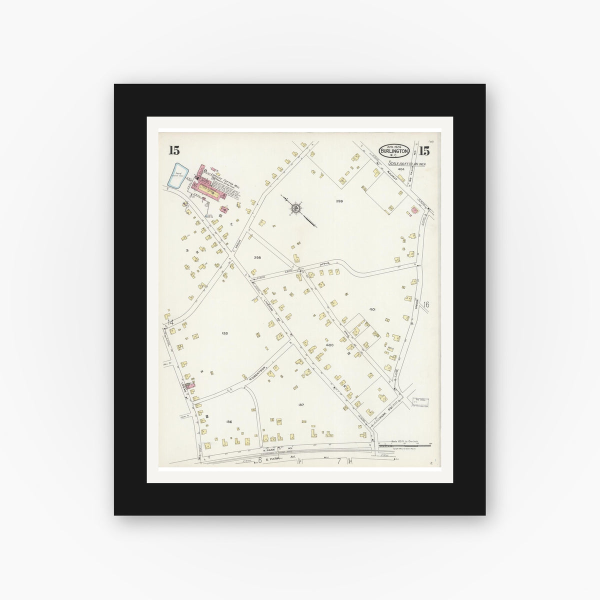 Old map wall art mockup — black gallery frame with white mat — Sanborn Fire Insurance Map from Burlington, Alamance County, North Carolina (1924), Sheet #0015