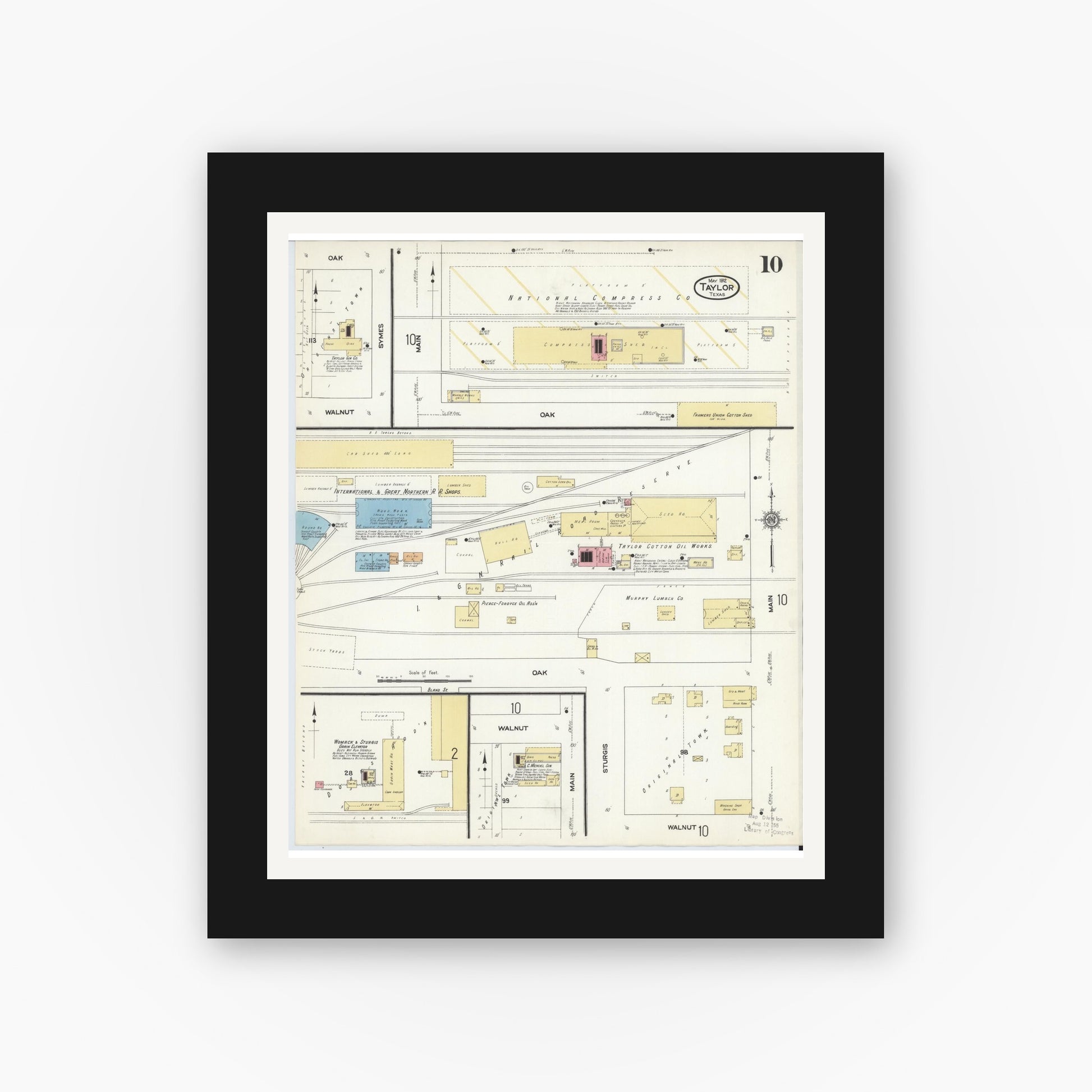 Old map wall art mockup — black gallery frame with white mat — Sanborn Fire Insurance Map from Taylor, Williamson County, Texas (1912), Sheet #0010