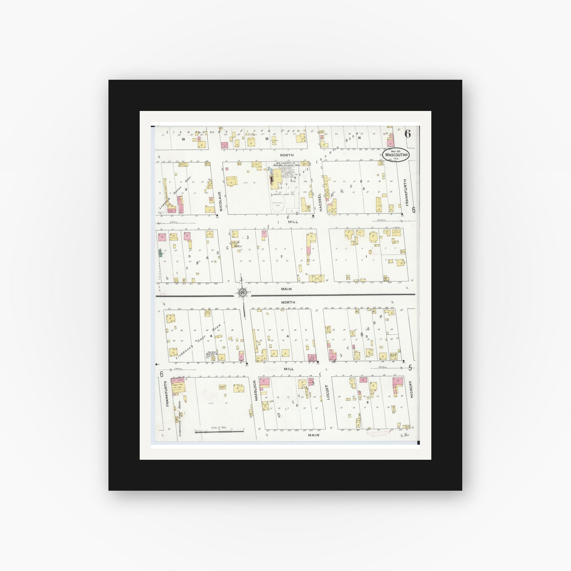 Old map wall art mockup — black gallery frame with white mat — Sanborn Fire Insurance Map from Mascoutah, Saint Clair County, Illinois (1910), Sheet #0006
