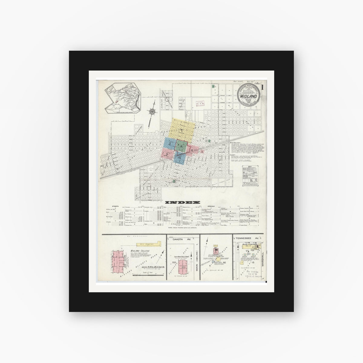 Old map wall art mockup — black gallery frame with white mat — Sanborn Fire Insurance Map from Midland, Midland County, Texas (1914) - Complete Map Set