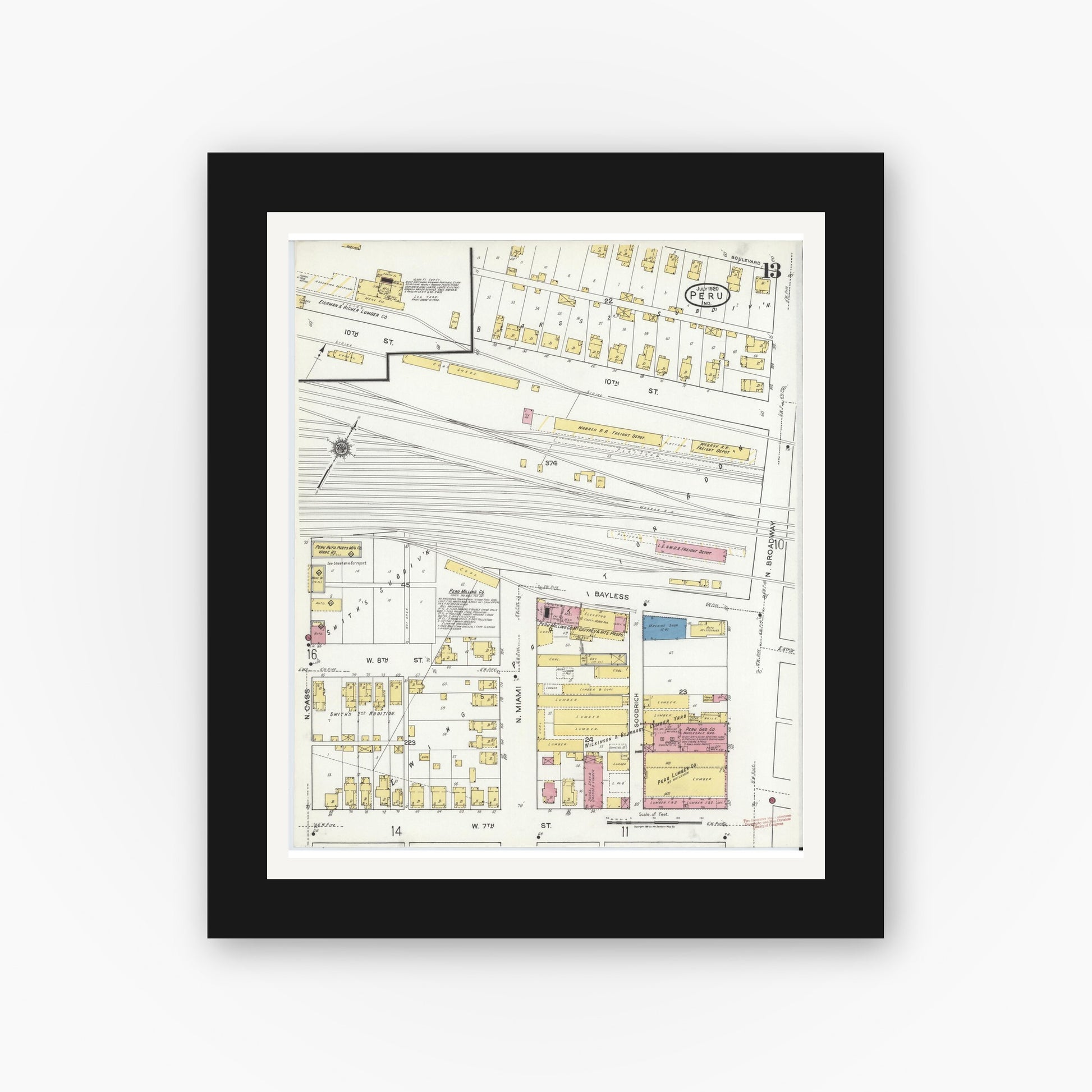 Old map wall art mockup — black gallery frame with white mat — Sanborn Fire Insurance Map from Peru, Miami County, Indiana (1920), Sheet #0013