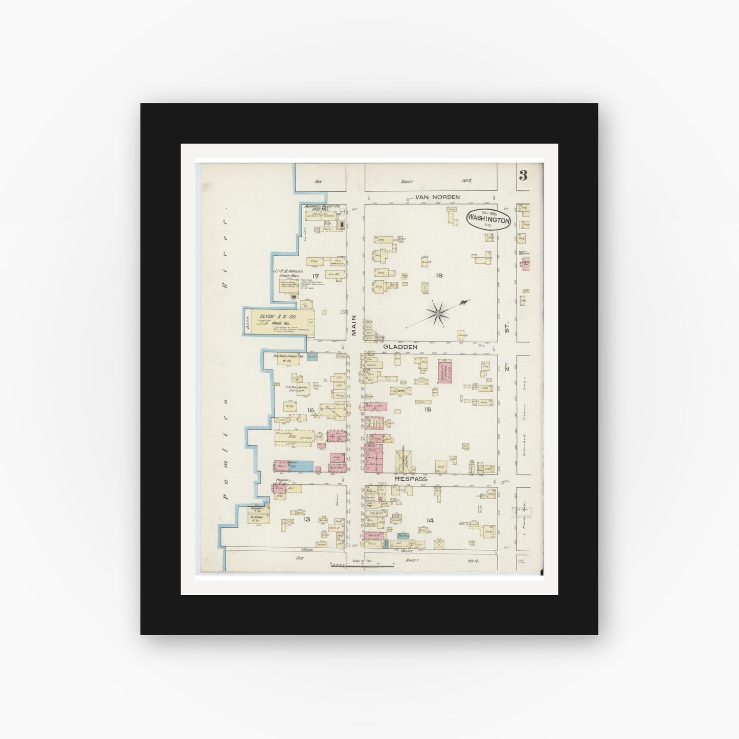 Old map wall art mockup — black gallery frame with white mat — Sanborn Fire Insurance Map from Washington, Beaufort County, North Carolina (1885), Sheet #0003