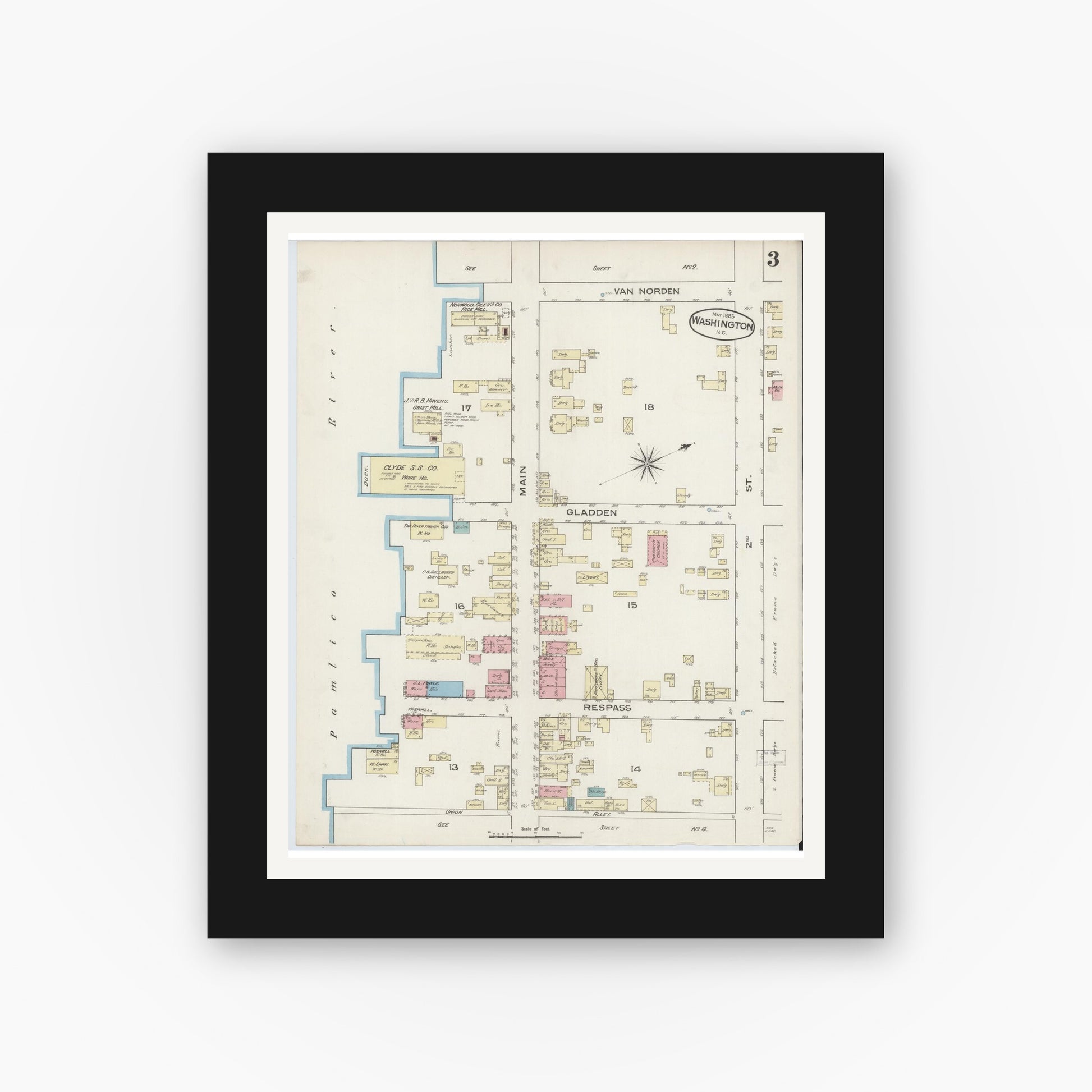 Old map wall art mockup — black gallery frame with white mat — Sanborn Fire Insurance Map from Washington, Beaufort County, North Carolina (1885), Sheet #0003
