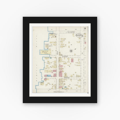 Old map wall art mockup — black gallery frame with white mat — Sanborn Fire Insurance Map from Washington, Beaufort County, North Carolina (1885), Sheet #0003