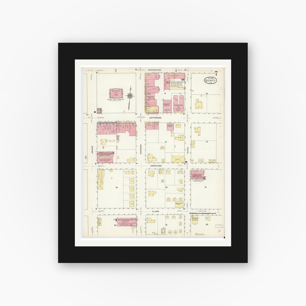 Old map wall art mockup — black gallery frame with white mat — Sanborn Fire Insurance Map from Quincy, Gadsden County, Florida (1913), Sheet #0007