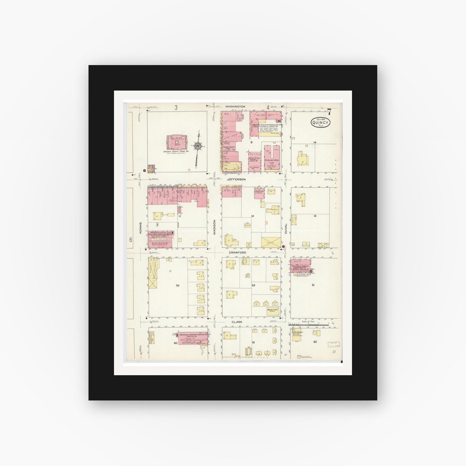 Old map wall art mockup — black gallery frame with white mat — Sanborn Fire Insurance Map from Quincy, Gadsden County, Florida (1913), Sheet #0007