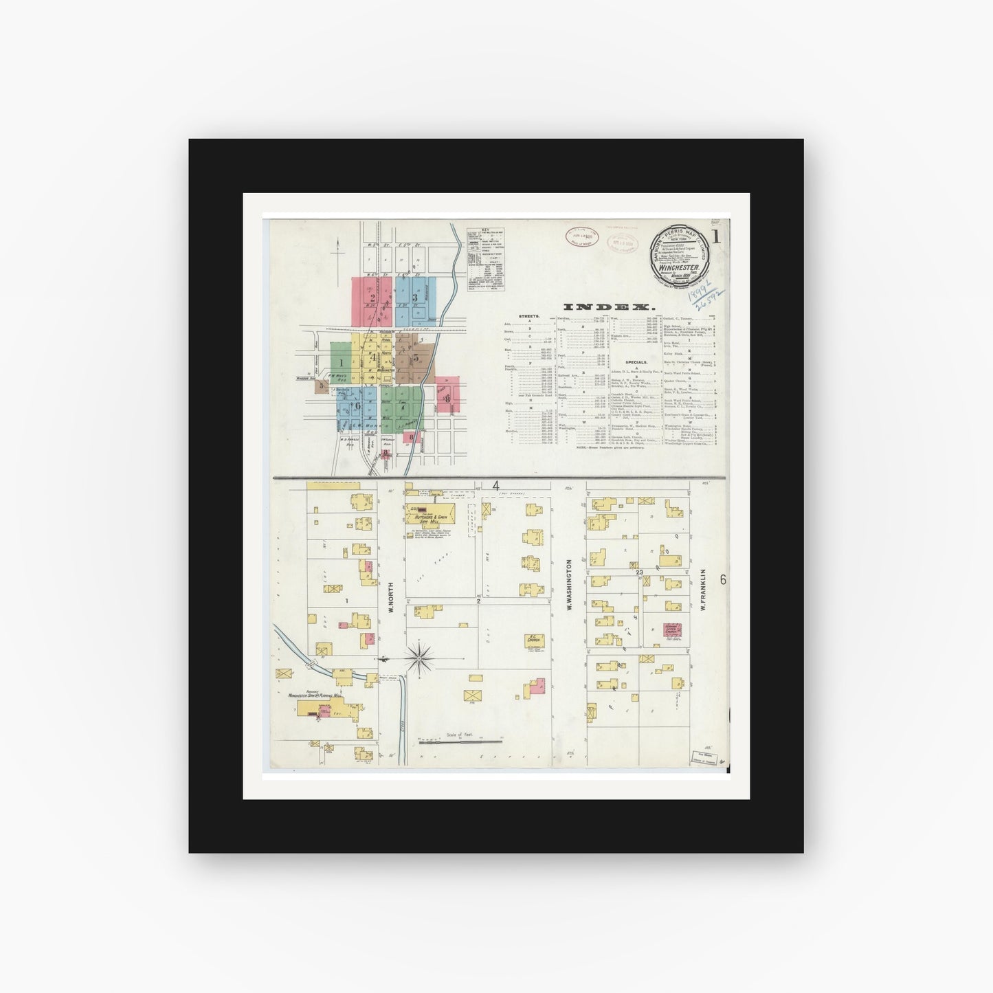 Old map wall art mockup — black gallery frame with white mat — Sanborn Fire Insurance Map from Winchester, Randolph County, Indiana (1899) - Complete Map Set