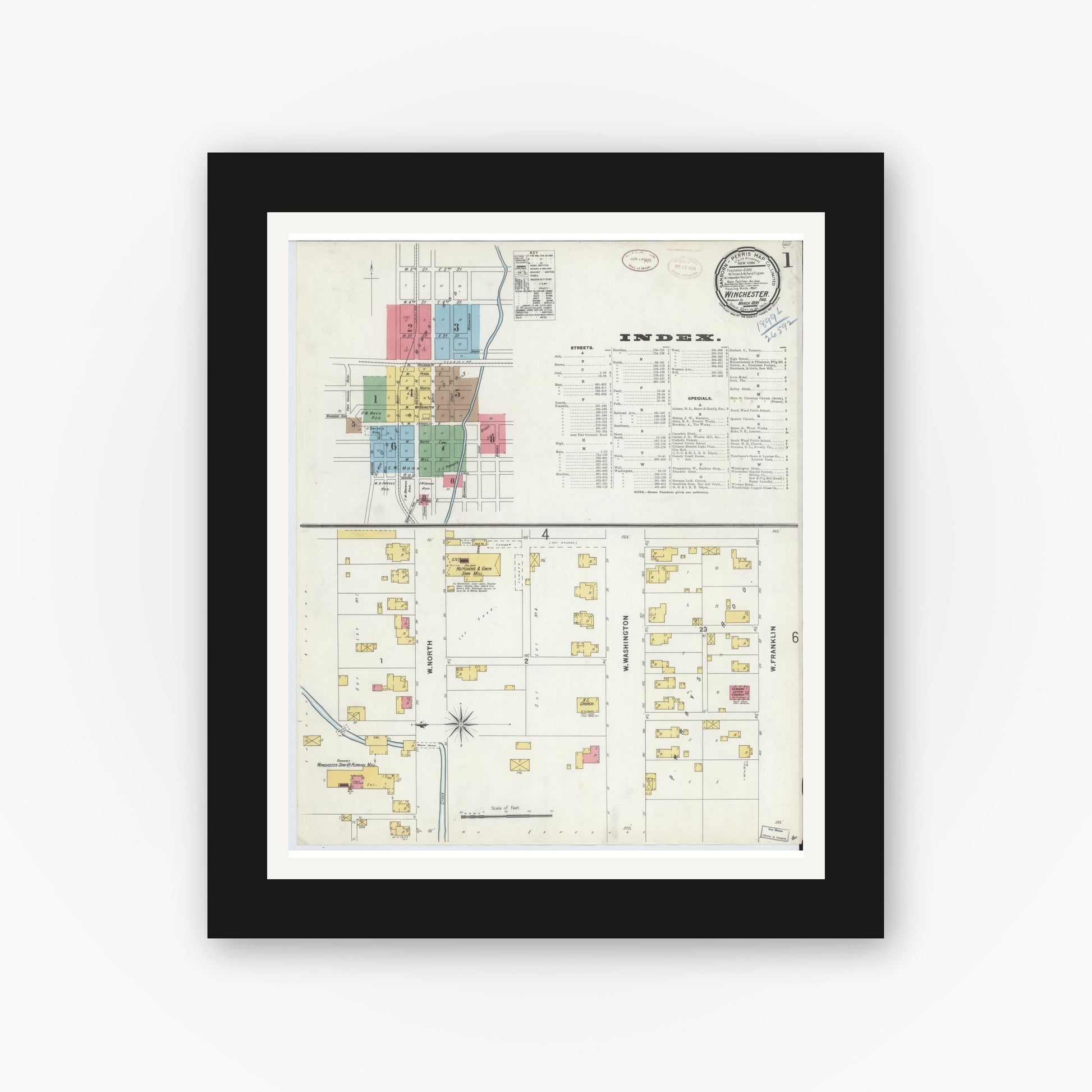 Old map wall art mockup — black gallery frame with white mat — Sanborn Fire Insurance Map from Winchester, Randolph County, Indiana (1899) - Complete Map Set
