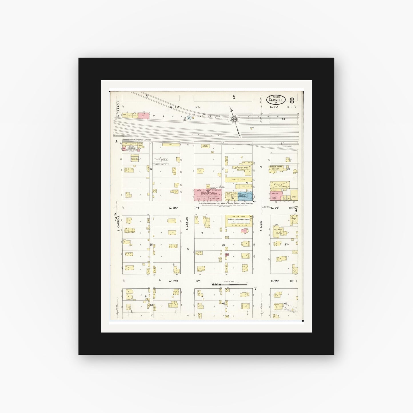 Old map wall art mockup — black gallery frame with white mat — Sanborn Fire Insurance Map from Carroll, Carroll County, Iowa (1915), Sheet #0008