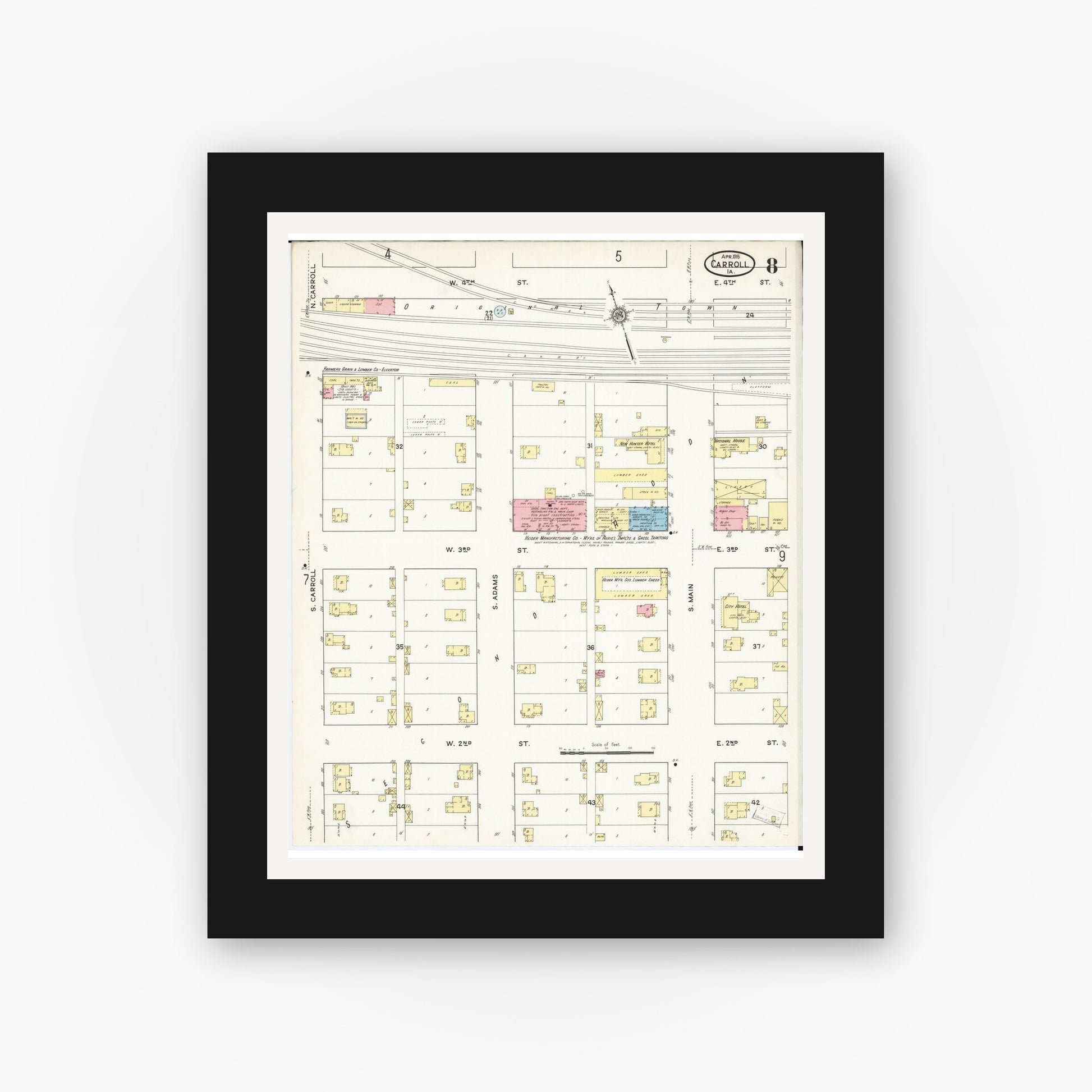 Old map wall art mockup — black gallery frame with white mat — Sanborn Fire Insurance Map from Carroll, Carroll County, Iowa (1915), Sheet #0008