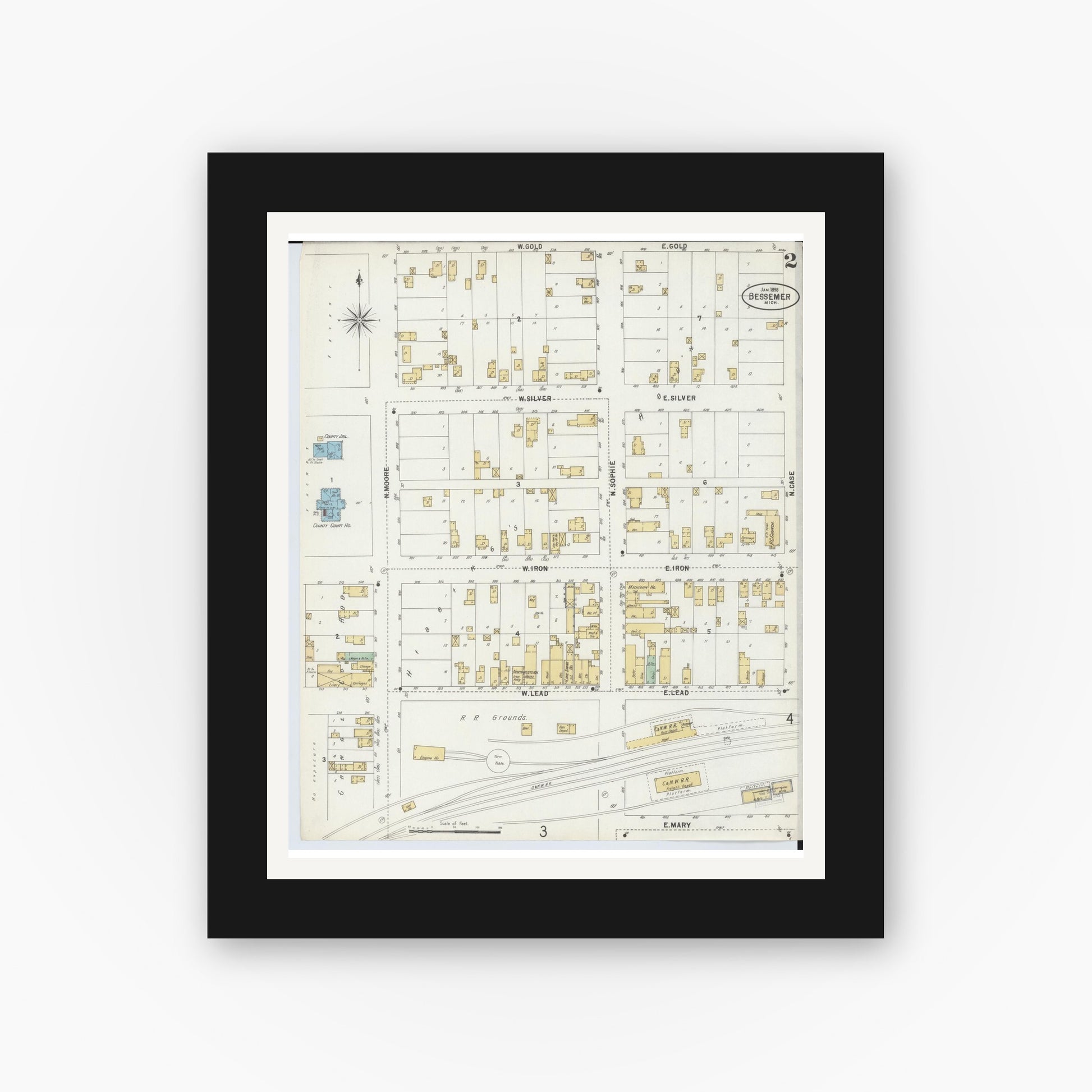 Old map wall art mockup — black gallery frame with white mat — Sanborn Fire Insurance Map from Bessemer, Gogebic County, Michigan (1898), Sheet #0002