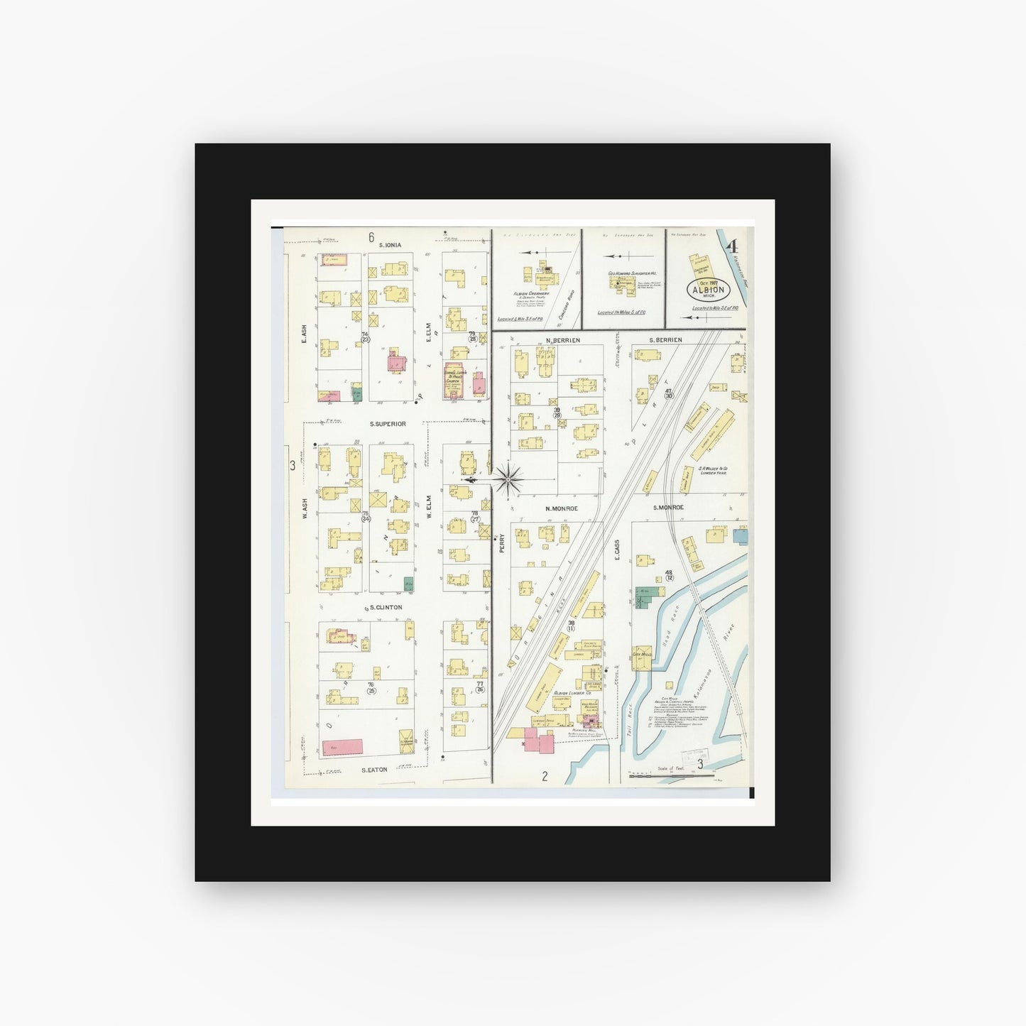 Old map wall art mockup — black gallery frame with white mat — Sanborn Fire Insurance Map from Albion, Calhoun County, Michigan (1907), Sheet #0004