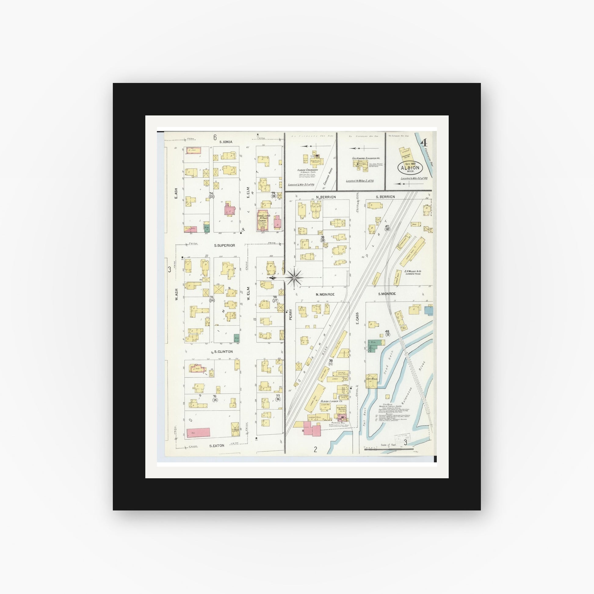 Old map wall art mockup — black gallery frame with white mat — Sanborn Fire Insurance Map from Albion, Calhoun County, Michigan (1907), Sheet #0004