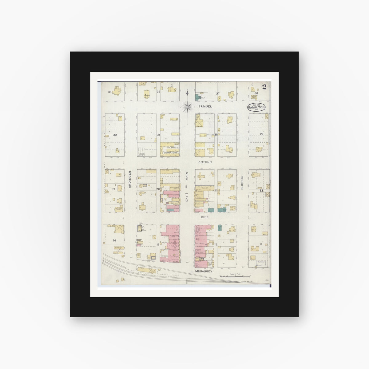 Old map wall art mockup — black gallery frame with white mat — Sanborn Fire Insurance Map from Hamilton, Caldwell County, Missouri (1893), Sheet #0002