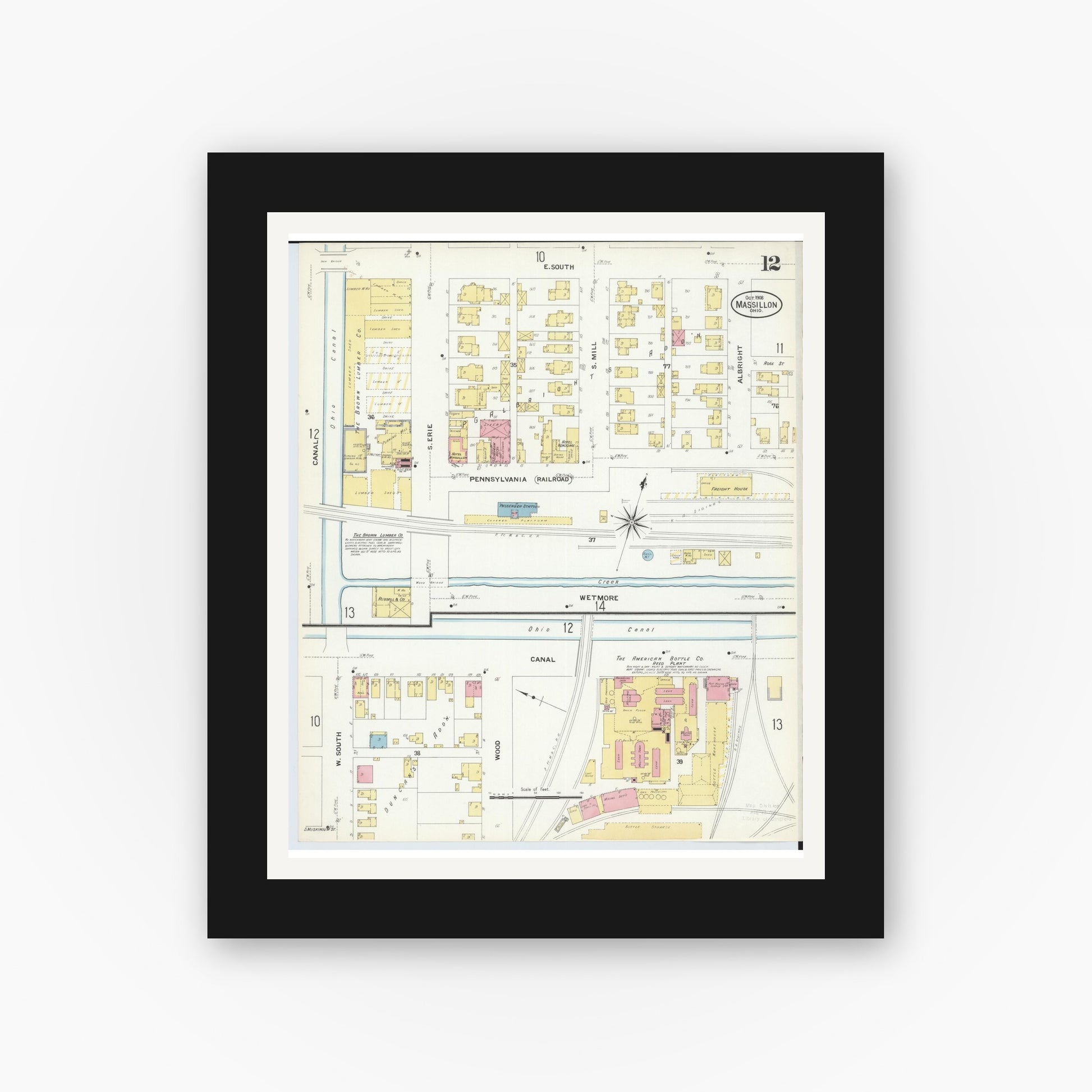 Old map wall art mockup — black gallery frame with white mat — Sanborn Fire Insurance Map from Massillon, Stark County, Ohio (1908), Sheet #0012