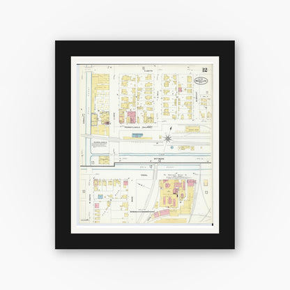 Old map wall art mockup — black gallery frame with white mat — Sanborn Fire Insurance Map from Massillon, Stark County, Ohio (1908), Sheet #0012