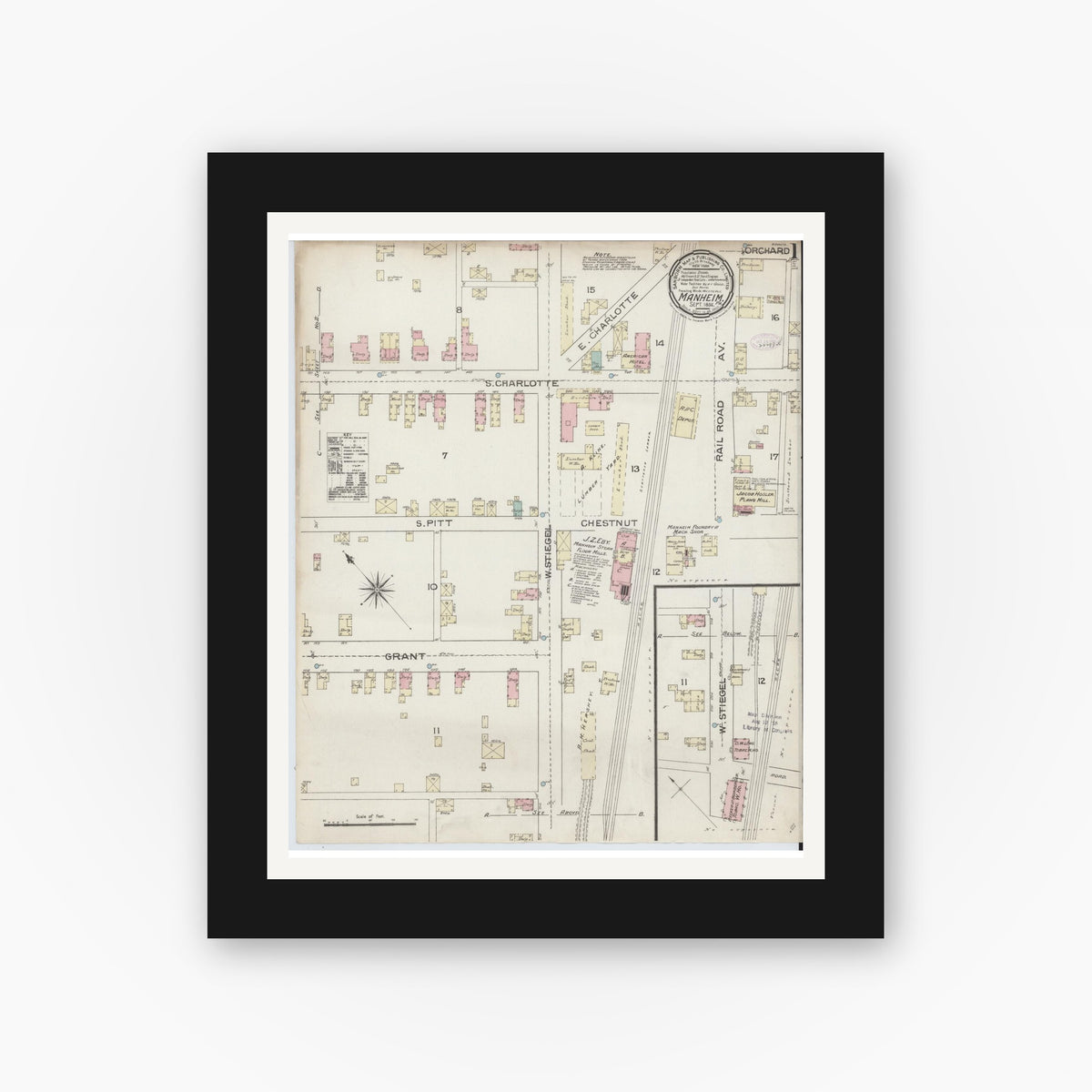 Old map wall art mockup — black gallery frame with white mat — Sanborn Fire Insurance Map from Manheim, Lancaster County, Pennsylvania (1886), Sheet #0001