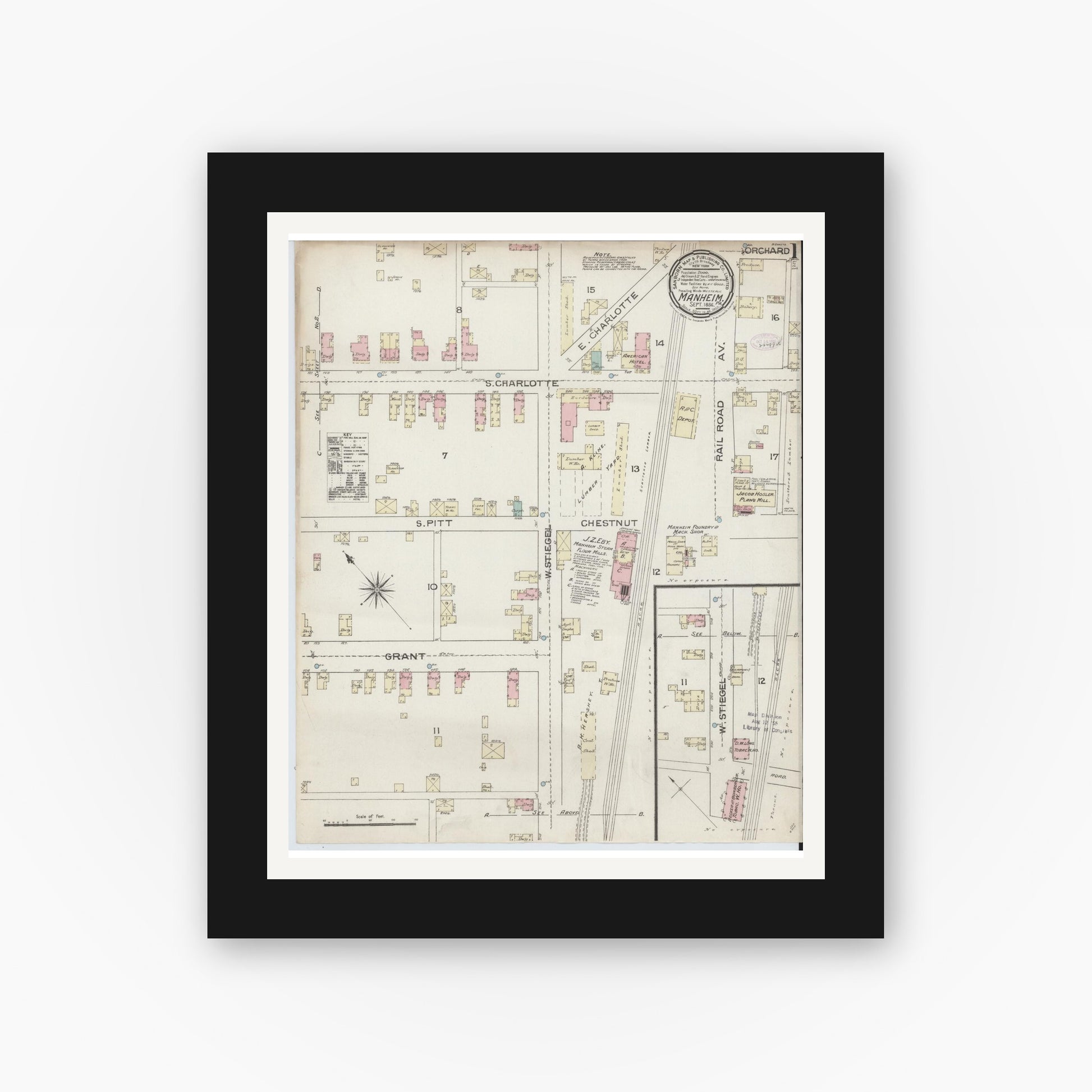 Old map wall art mockup — black gallery frame with white mat — Sanborn Fire Insurance Map from Manheim, Lancaster County, Pennsylvania (1886), Sheet #0001